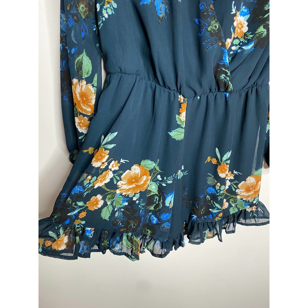 Japna Navy Floral Summer Sheer Ruffle Romper Size L Large V Neck Blue Green - Picture 2 of 10